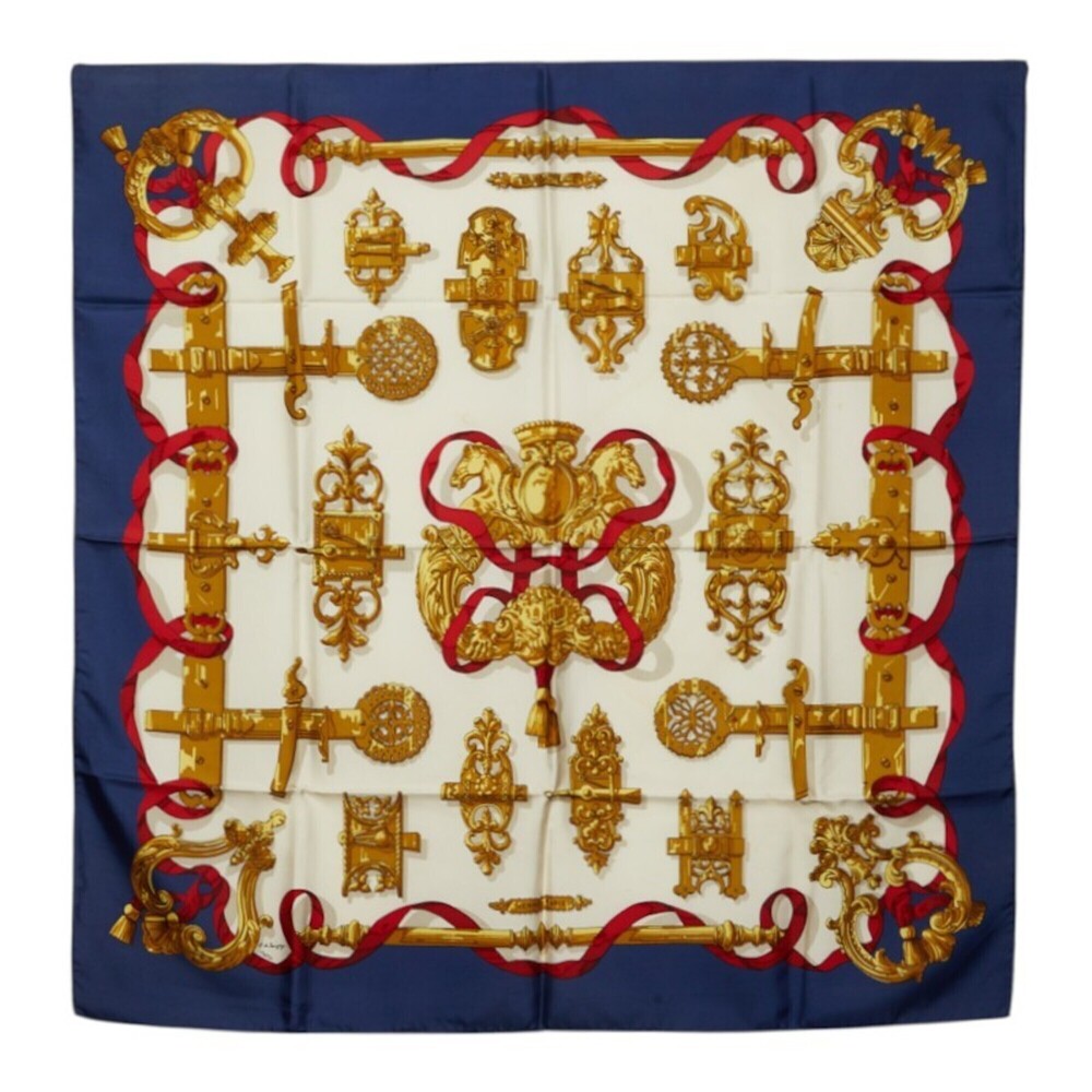 Hermes Carre 90 Ferronnerie Ironwork Scarf/Muffler, Large Size, Navy, Ivory, ...